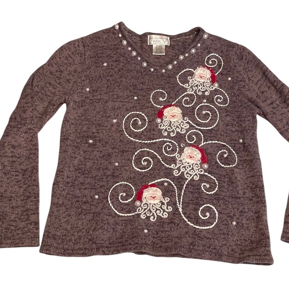 Mandal Bay Sweaters - Vintage Ugly Christmas Sweater Mandala Bay Large Santa Pearls Knit Embroidered